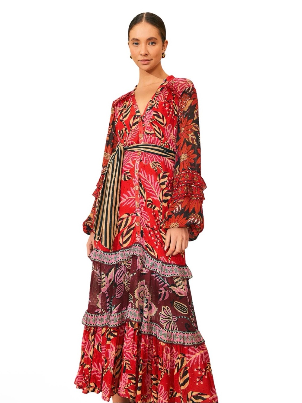 Farm Rio Red Boho Mixed Floral Maxi Dress Size S Belted Button Front Ruffle